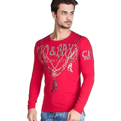 Abbildung von Cipo &amp; Baxx Herren Langarmshirt Glänzend Longsleeve Sweatshirt Print Rundhals Sweater Rot XL