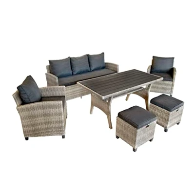 Abbildung von BELLAVISTA Garten Sitzgruppe Madeira II Grau, Polyrattan, für 7 Personen, Wetterfest, Gartenmöbel Set 6 teilig mit Sofa, Tisch, 2 Sessel, Hocker