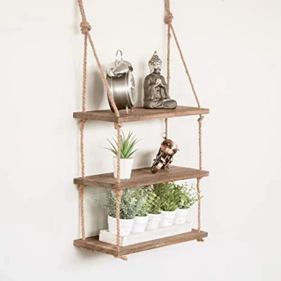 Abbildung von HomeZone 1 2 and 3 Ebenen Vintage Billig Schick Regal mit Seil Ablagefach Rustikale Hängeregal Mehrere Gestuft Wand Hängende Aufbewahrung Zuhause Organisation
