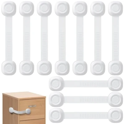 Abbildung von ECHOCUBE Kindersicherungen, Babysichere Schrankgurtschlösser mit Klebstoff, 10 Stück, verstellbare Babysicherungen für Schränke, Kühlschränke, Toiletten, Mülleimer (weiß)