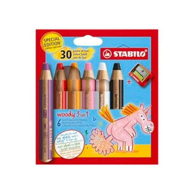 Abbildung von Buntstift, Wasserfarbe &amp; Wachsmalkreide STABILO woody 3 in 1 Jubiläumsedition Einhorn 6er Pack mit Spitzer 6 Farben