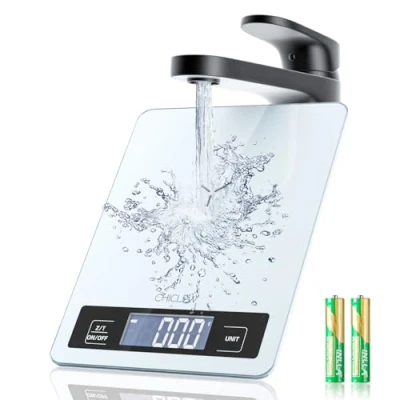 Abbildung von CHICLEW Digitale Küchenwaage Glas, 5KG Waage Küche, Electronische Haushaltswaage für Wasserdicht mit LCD Display, 1g Genaue und Tara Funktion