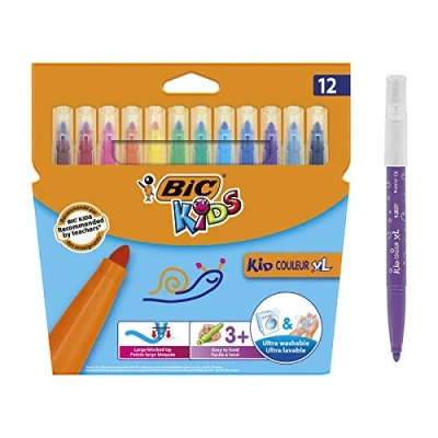 Abbildung von BIC Kids Filzstifte Kid Couleur XL, Fasermaler zum Malen in 12 auswaschbaren Farben, mit dicker Spitze, im Karton Etui, ab 5 Jahre