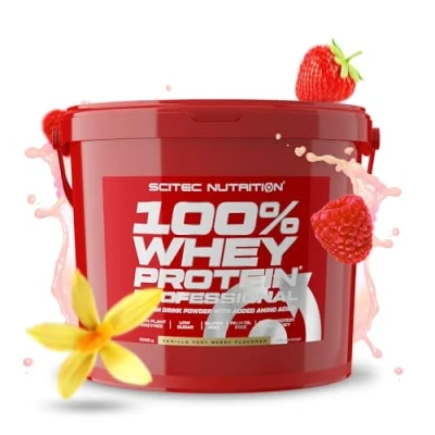 Abbildung von Scitec Nutrition 100% Whey Protein Professional Angereichert mit zusätzlichen Aminosäuren und Verdauungsenzymen Glutenfrei Palmölfrei, 5 kg, Vanille Very Berry
