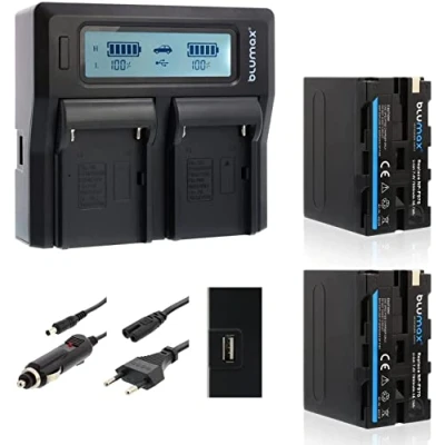 Abbildung von 2X Blumax Akku NP F970 / F960 LG Zellen 7850mAh + Doppelladegerät Dual Ladegerät kompatibel mit Sony F750 F550 F990 für Blitzgeräte Videoleuchten Fieldmonitore