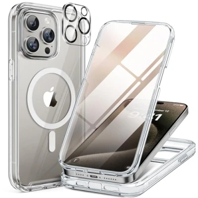 Abbildung von Miracase 360 Grad für iPhone 15 Pro Max Hülle Magnetisch mit Eingebaut Glas Schutzfolie und Kameraschutz, Stoßfest Komplettschutz Handyhülle Schutzhüllen 6,7 Zoll, Transparent