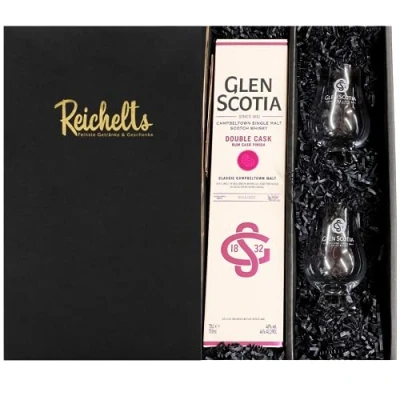 Abbildung von Glen Scotia Double Cask Rum Finish 0,7 l 46% Campbeltown Single Malt Scotch Whisky + 2 x original Nosing Glas als Geschenkset in Präsentbox by Reichelts