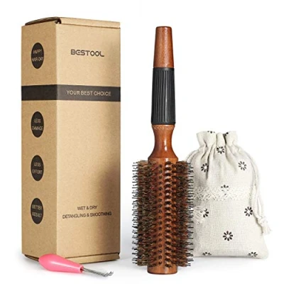 Abbildung von BESTOOL Rundbürste zum Föhnen,Wildschweinborsten Rundhaarbürste mit Holzfass, große runde Stylingbürste für Frauen und Männer, Glätten, Locken, Hinzufügen von Haar Volumen Glanz (2.5 Inch)