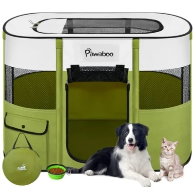 Abbildung von Pawaboo Tragbarer Haustierstall, Faltbarer Hundelaufstall mit Wasserdichtem Oxford, Katzengehege Reisetasche Faltbarem Napf, Indoor Outdoor Gebrauch für Welpe Katze Kaninchen, Grün M