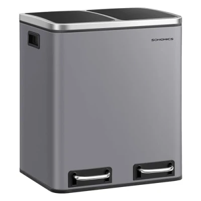 Abbildung von SONGMICS Mülleimer Küche, 2 x 15 Liter, Mülltrennsystem Fächer, inklusive Müllbeutel, Abfalleimer, Treteimer, recycelbare Abfälle, Biomüll, Softclose Deckel, mattgrau LTB030G01