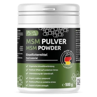 Abbildung von GreenPet MSM Pulver für Hunde &amp; Pferde 500 g Hochreines Methylsulfonylmethan, Reinheitsgrad 99,94%, Organischer Schwefel, Gelenkpulver Sehnen, Bändern Knorpel Schwefel