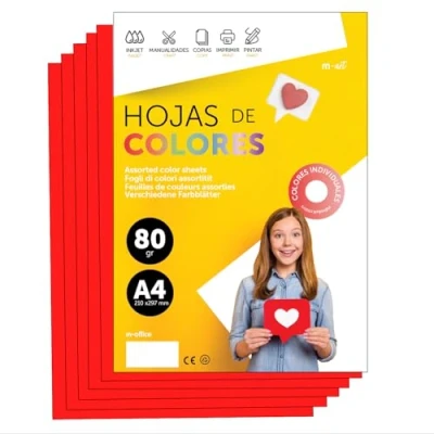 Abbildung von Buntes Papier A4 80g für Drucker &amp; Basteln, Farbige Blätter Kinder, Kreativprojekte, Karten Schule M office (250 Blatt, Rot)