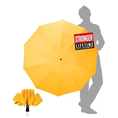 Abbildung von Chakipee Kompakter Reise Regenschirm Groß Sturmfest Umgekehrter Faltschirm für Herren und Damen, Automatik Taschenschirm Regen, 10 Rippen Schirm Gelb 210T Gewebe 105 cm Spannweite