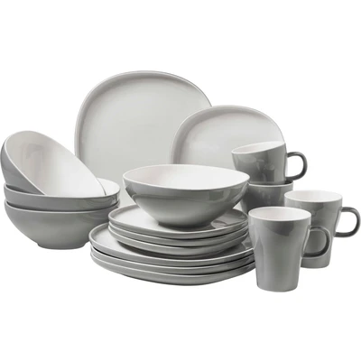 Abbildung von MÄSER Serie Isora, Modernes Geschirr Set für 4 Personen mit eckigen, randlosen Formen, 16 teiliges Kombiservice aus hochwertiger Keramik, Steinzeug, Weiß Grau