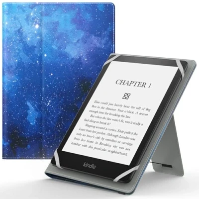Abbildung von MoKo Universal Hülle für 6 6,8 7 Zoll Schutzhülle mit Handschlaufe &amp; Verstellbarem Ständer Kobo Clara 2E/Fire Tablet/Kindle/Kobo/Voyaga/Lenovo/Sony Kindle eBooks E Reader Tablet, Blau Sterne