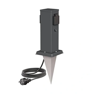 Abbildung von ledscom.de Garten Steckdosen Säule Polly mit Dämmerungssensor, Erdspieß und 2m Kabel für außen, 2 Fach, anthrazit, eckig, 27cm