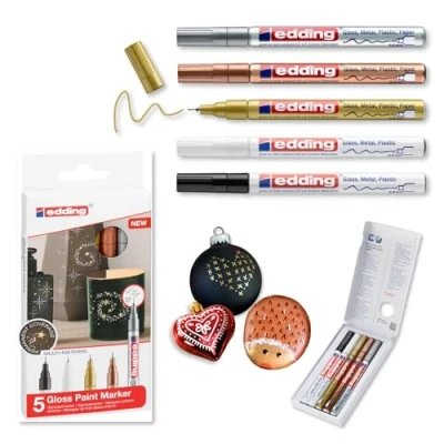 Abbildung von edding 780 Glanzlackmarker schwarz weiß gold silber kupfer (metallic) 5er Set Lackmarker extra feine Spitze 0,8mm Lackstift für Glas, Stein, Holz, Kunststoff und Papier wasserfest, sehr dünn