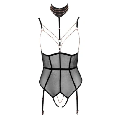 Abbildung von Body ouvert mit Strapsen, Halsband und Strassketten, alles abnehmbar
