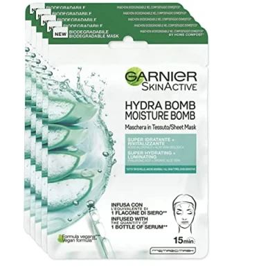 Abbildung von Garnier Maske aus Stoff, Skin Active Hydra Bomb, feuchtigkeitsspendende und revitalisierende Formel, für alle Hauttypen, mit Hyaluronsäure Bio Aloe Vera, 5 Stück