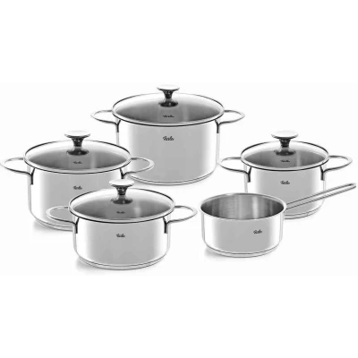 Abbildung von Fissler Topf Set &quot;Copenhagen&quot;, Edelstahl 18/10, (Set, 9 tlg., Bratentopf 20 cm, je 1 Kochtopf 16/20/24 Stielkasserolle 16 cm), Töpfe mit Glasdeckel, Mess Skala, Induktion, backofengeeignet