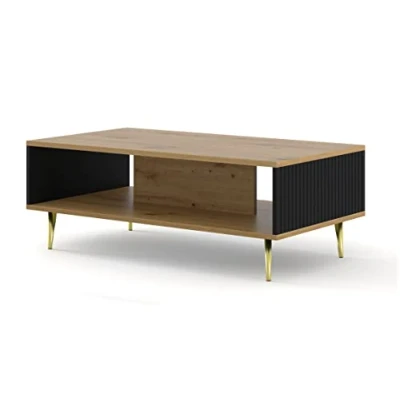 Abbildung von BIM Furniture Couchtisch Ravenna B 90 x 60 cm gefräste MDF Dekorationen auf goldenen Metallbeinen EIN Kaffeetisch Tisch mit Regal (Artisan Eiche + Schwarz Matt)