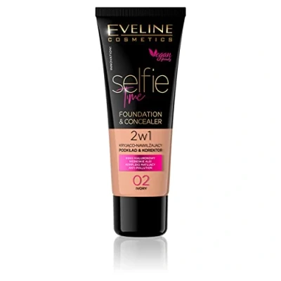 Abbildung von Eveline Cosmetics Selfie Time Abdeckende und feuchtigkeitsspendende Foundation Concealer 2in1, 30 ml, Nr. 02 Ivory