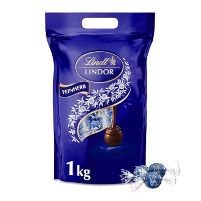Abbildung von Lindt LINDOR Schokoladen Kugeln feinherb 1 kg Beutel, wiederverschließbar ca. 80 dunkle Großpackung, Pralinen Geschenk, Schokoladengeschenk