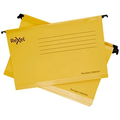 Abbildung von Rexel Classic 2115593 Hängemappen, Kanzleipapier, verstärkt, 15 mm V Boden, 100% recycelter Karton, gelb, 25 Stück
