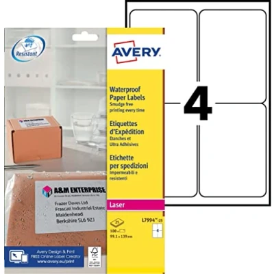 Abbildung von Avery L7994 25 Wetterfeste Versandetiketten (4 Stück pro Blatt, 99,1 x 139 mm) 100 Etiketten