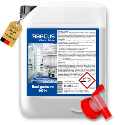 Abbildung von ABACUS® Essigsäure 60% Hochkonzentrierte für Haushalt, Garten &amp; Industrie Vielseitig einsetzbar als Essigreiniger zum Reinigen Entkalken Individuell verdünnbar 5 Liter