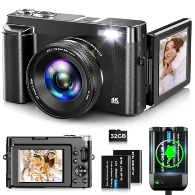 Abbildung von Oiadek Digitalkamera, 4 K, 48 MP, Autofokus, Vlogging Kamera mit 32G Speicherkarte, 16 facher Digitalzoom, kompakte Digitalkamera 7,6 cm (3 Zoll), 180 Flip Bildschirm und Akku Ladegerät für