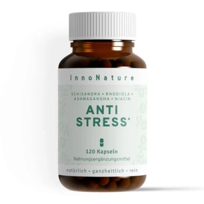 Abbildung von InnoNature Anti Stress Kapseln aus Schisandra, Rhodiola, Ashwagandha und natürlichem Vitamin B3 120 Kapseln, 200mg, Schisandra chinensis 500mg, Rhodiola 300mg Vegan