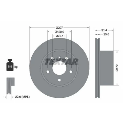 Abbildung von TEXTAR 92129700 Bremsscheibe 297 25 05/06 120 außenbelüftet ohne Radbefestigungsbolzen, Radnabe LAND ROVER: Discovery 2