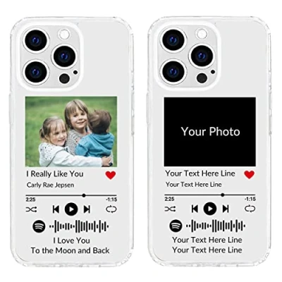 Abbildung von Benutzerdefinierte Softphone Hülle für iPhone 13 Pro mit Spotify Code, personalisierte Musik Telefonabdeckung Ihrem Foto und Texten, durchsichtige TPU Schutzhülle