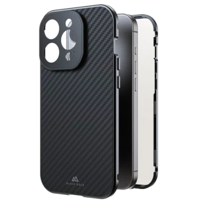 Abbildung von Black Rock Hülle für iPhone 15 Pro (Carbon Beschichtung, Kameraschutz, Metallrahmen, 360 Rundumschutz, Wireless Charging kompatibel, ultradünn, slim, Magnet, Cover, Handyhülle, Case) Real Carbon