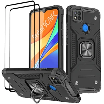 Abbildung von KANSI Hülle kompatibel für Xiaomi Redmi 9C NFC/Redmi 9C, Schutzfolie [2 Stück] Silikon TPU Hart PC Handy Hüllen 360 Drehbar Ringhalter Stoßdämpfung Bumper Schwarz