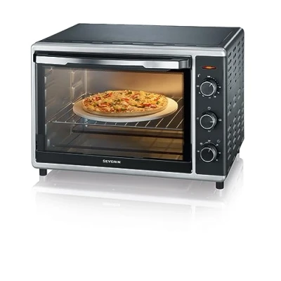 Abbildung von SEVERIN Back und Toastofen mit Umluftfunktion, Mini Backofen Grillrost, Backblech, Drehspieß Pizzastein, vielseitiger Heißluftofen 42 L Kapazität, 1.800 W, schwarz, TO 2058