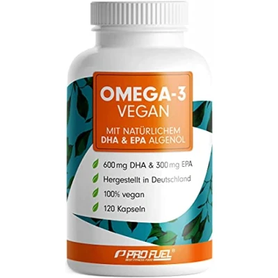 Abbildung von Omega 3 vegan Kapseln 120x 2000 mg Algenöl pro Tag hochdosiert mit 600mg DHA + 300mg EPA hochwertige DHA:EPA Verhältnis 2:1 laborgeprüft Analyse Zertifikat