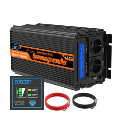 Abbildung von EDECOA Spannungswandler 24v 230v Wechselrichter Reiner Sinus 1500w 220v Konverter auf mit Fernbedienung und 2 USB LCD Bildschirm Informationen zum