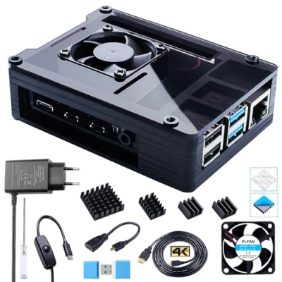 Abbildung von Gehäuse für Raspberry Pi 4b 8GB/4GB/2GB, 5.1V 3A USB C Netzteil, 3 x Kühlkörper, Micro HDMI Adapterkabel, Case mit Lüfter 4 Model b (für Board Nicht Enthalten)