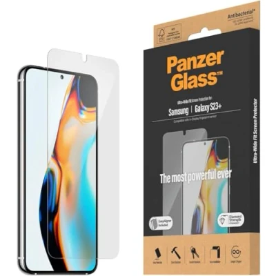 Abbildung von PanzerGlass™ Displayschutz für Samsung Galaxy S23+ Screen Protector mit Ultra Wide Fit vollständige Displayabdeckung Fingerabdrucksensor kompatibel, Positionierhilfe