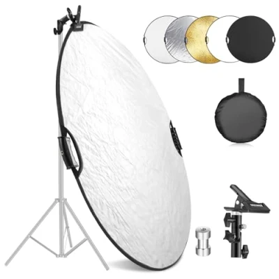 Abbildung von NEEWER 80cm Lichtreflektor mit Klemme Handgriffen, 5 in 1 Reflektor, Multi Disc Fotografie Faltreflektor, Durchscheinend/Silber/Gold/Weiß/Schwarz 3/8&quot; Gewinde für Studio Außenbeleuchtung, RF 80II