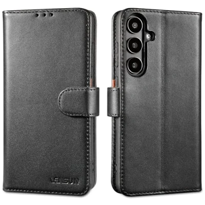 Abbildung von LENSUN Echtleder Hülle für Samsung Galaxy S24 Plus, Handyhülle [Echtes Leder] [Standfunktion] Lederhülle Flip Handytasche Plus 5G Schwarz
