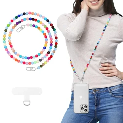 Abbildung von MoKo Universal Telefon Lanyard, Perle Perlen Handy Kette Crossbody Strap Anti Diebstahl Abnehmbare Frauen Lanyards um den Hals mit Patches für iPhone, die meisten Smartphones, Mehrfarbig