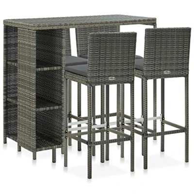 Abbildung von vidaXL Gartenbar Set 5 TLG. mit Kissen Theke Bar Tresen Gartentheke Stehtisch Bartisch Barstuhl Barhocker Gartenmöbel Poly Rattan Grau