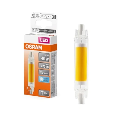 Abbildung von OSRAM LED Slim Line schlanke multicolor Lampe mit R7s Retrofit Sockel, 4.5 W / 470 lm, klar, kaltweißes Licht 4000 K, nicht dimmbar, IP20, bleifreies Glas, 16 mm Durchmesser.