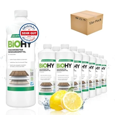 Abbildung von BiOHY Wischroboter Reinigungsmittel (12 x 1 Liter) Bodenreiniger Mittel für Holzböden Laminat &amp; Parkettpflege streifenfreier Glanz auf wasserfestem Holz schaumarmes Konzentrat
