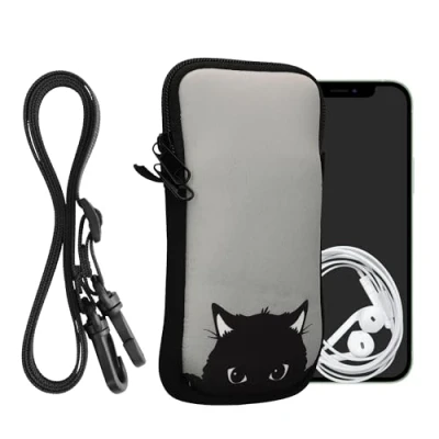 Abbildung von kwmobile Handytasche für Smartphones XXL 7&quot; Neopren Handy Hülle Grau Schwarz Tasche mit Kette 17,7 x 8,5 cm Innenmaße Neugierige Katze