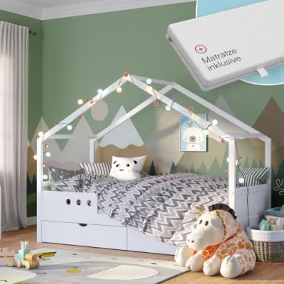 Abbildung von Bellabino Bela Hausbett 90x200 cm für Kinder mit Rausfallschutz &amp; großer Schublade, weißes Kinderbett, Kleinkinderbett und Jugendbett aus Kiefer Massivholz inkl. Lattenrost Matratze