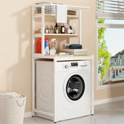 Abbildung von SanBouSi Waschmaschinenregal WC Regal über Waschmaschine Toilette 3 Ebenen Badregal Metall Holzwerkstoff Toilettenregal Platzsparender Badezimmerträger (Weiß+Holz)